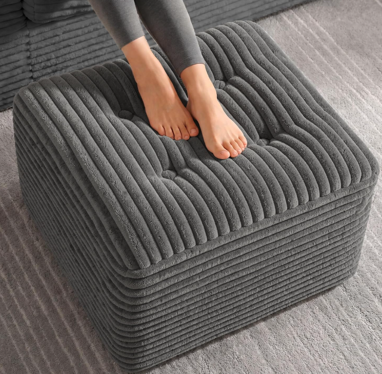Oversized double-layer support corduroy pouf stool, constructed with soft foam top and firm foam base, fluffy comfortable floor foot rest for living room