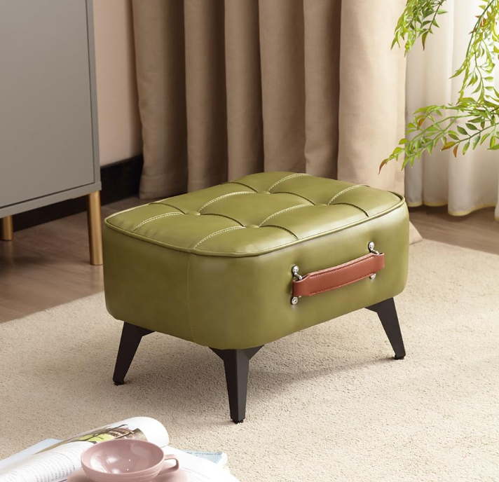 Vintage faux leather upholstered foot rest with solid wood frame, multi-functional ottoman for living room, entryway and office
